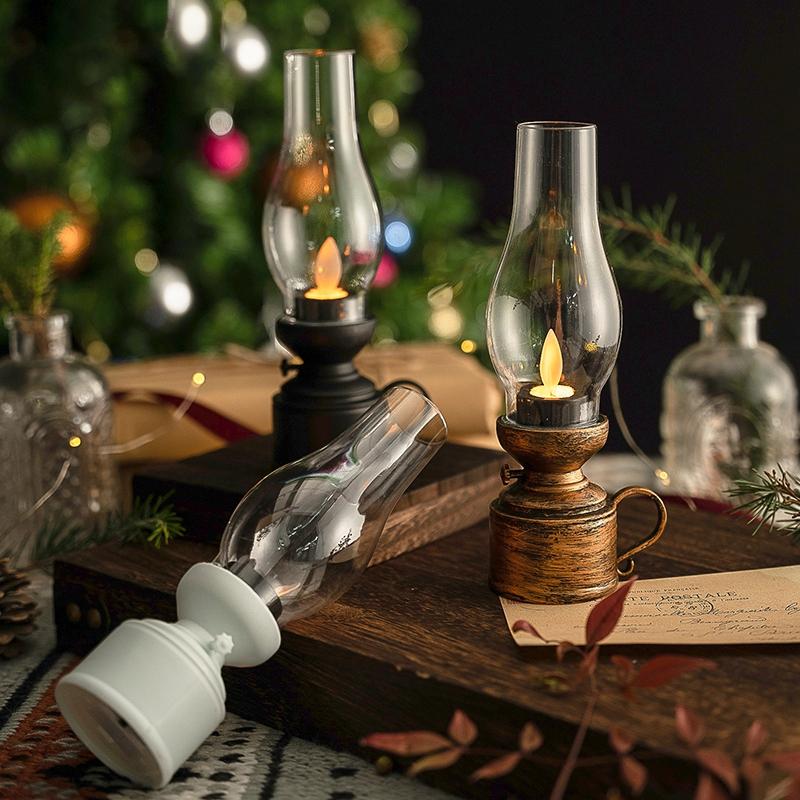Retro Flameless Candle Holder Candlestick Kerosene Lamp with Button Battery Table Light Vintage Decor Kerosene Lamp
