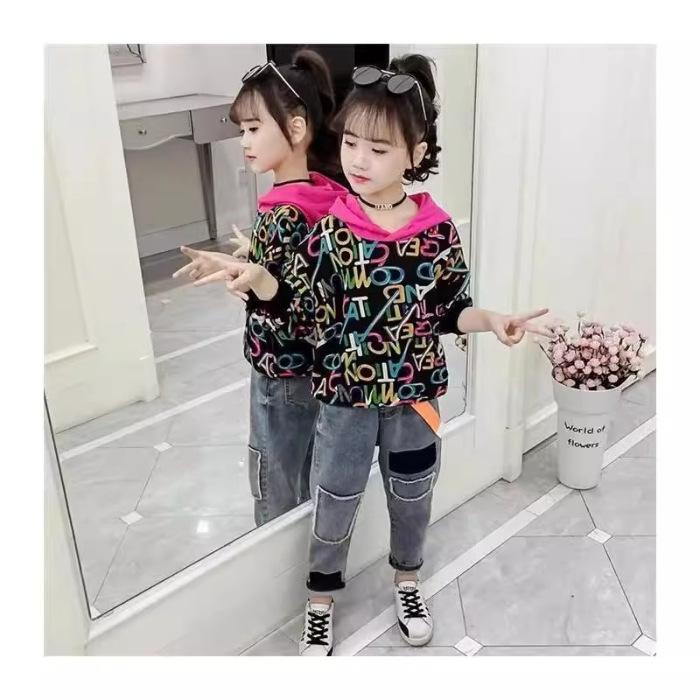 Girls Hooded Sweatshirt Spring Autumn Block Casual Top 100