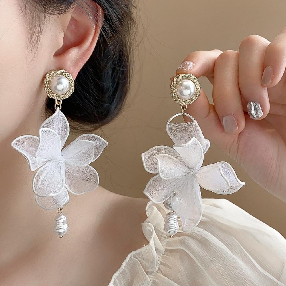 Pearl Pedant Beach Earrings Sweet Petals Stud Earrings Mesh Flower Dangle Earrings  Ladies/Girls