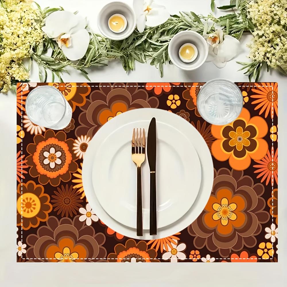 4pcs Vintage Floral Linen Placemats - 12x18 Inch, Vibrant Orange, Yellow & Brown Flower Design, Perfect for Dining & Coffee Tables, Home Decor,
