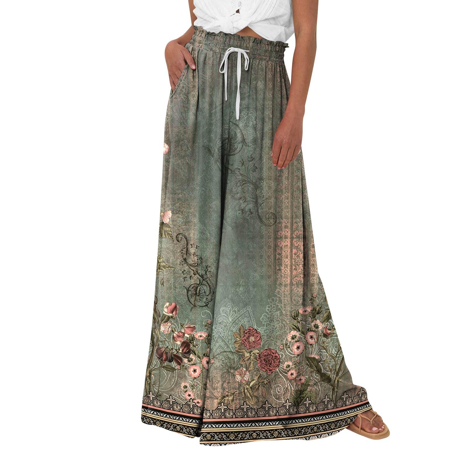 

Женские брюки-палаццо с цветочным принтом в стиле бохо, широкие брюки, летние пляжные струящиеся брюки с высокой талией и карманами M