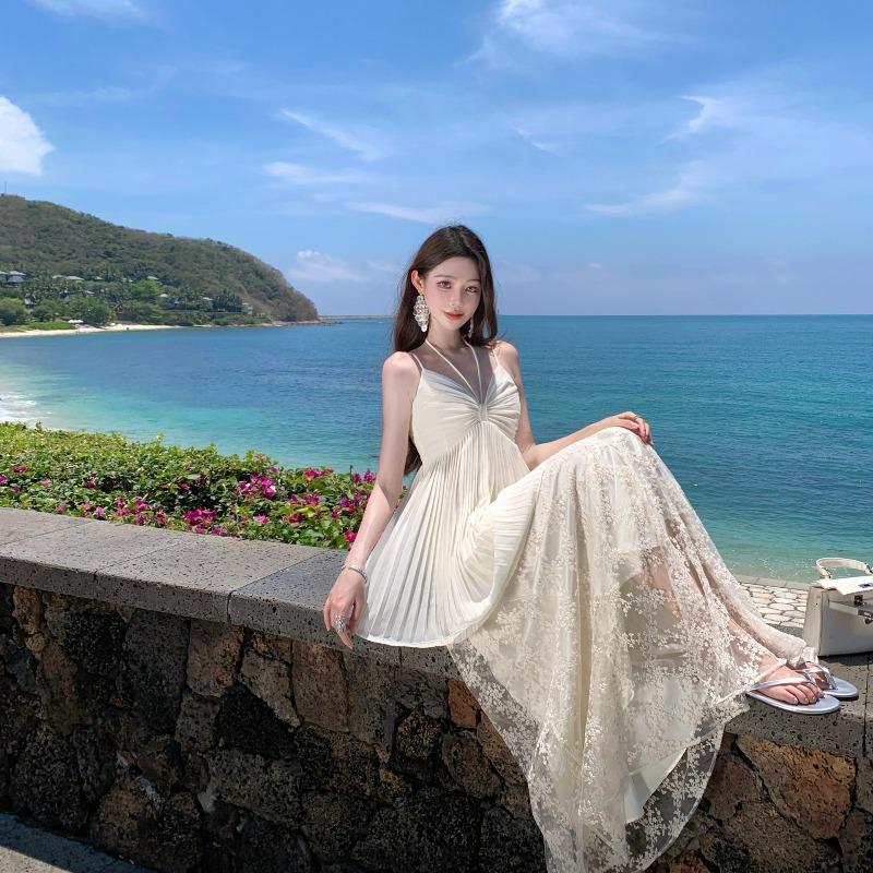 French Collar Chiffon Suspender Skirt Set Women's Summer Beautiful Beach Vacation Mesh Embroidered Word Dress