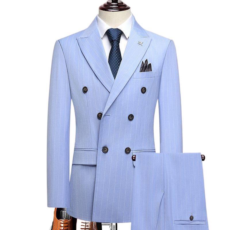New Men's Slim Fit Double-Breasted British Stripe Suit - Perfect for Weddings & Groom Attire