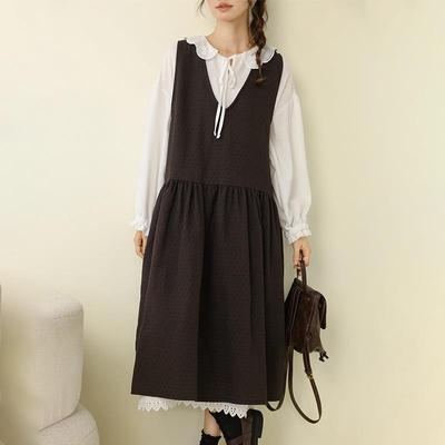 Robe pull sans manches à col V en coton épais superposé, style rétro automne Mori Girl