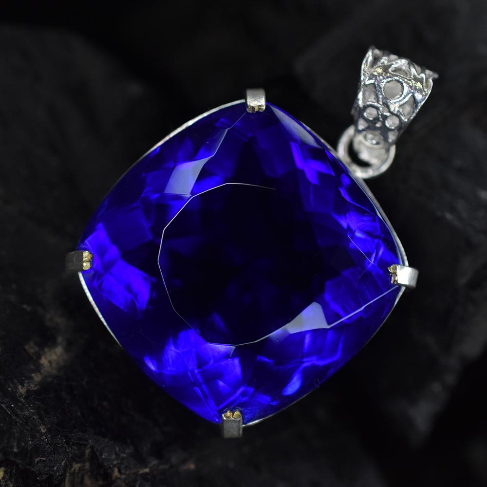 CERTIFIED 88 Ct Square Cushion 925 Sterling Silver Blue Tanzanite Stone Pendant MY-PD-144-NS