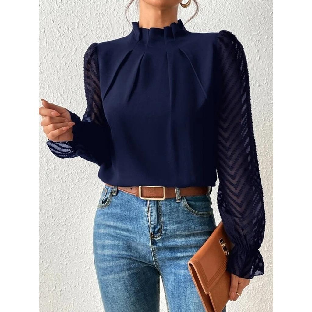 Fall Winter Women's Half Turtleneck Patchwork Wavy Chiffon Long Sleeve Top, European American Style Crossborder Women's Clothing