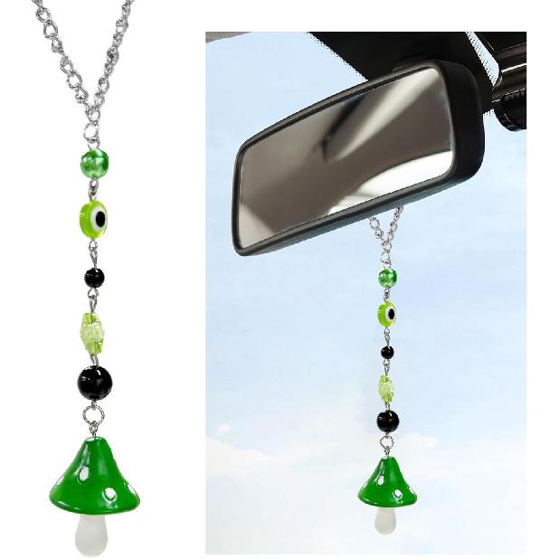Car Rearview Mirror Mushroom Charm, Car Hanging Ornament Resin Mushroom Pendant for Women Girls, Lucky Mushroom Beaded Decor Universal Rear View