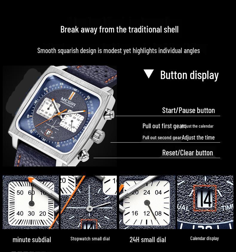 MEGIR Men's Leather Square Chronograph Quartz Watch