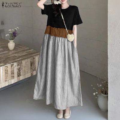 Damen Freizeit Rundhals Kurzarm Streifen Patchwork Locker Kleid