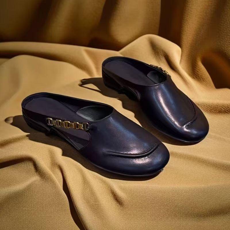 Women's Stylish Genuine Leather Mule Loafers with Metal Buckle Low Heel Slip On Flats Casual Driving Shoes