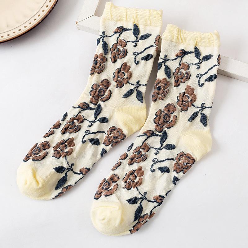 Blue Socks Flower Print Vintage Long Socks Women Japanese Fashion Harajuku Retro Streetwear Sweet Girls Kawaii Cute Crew Socks