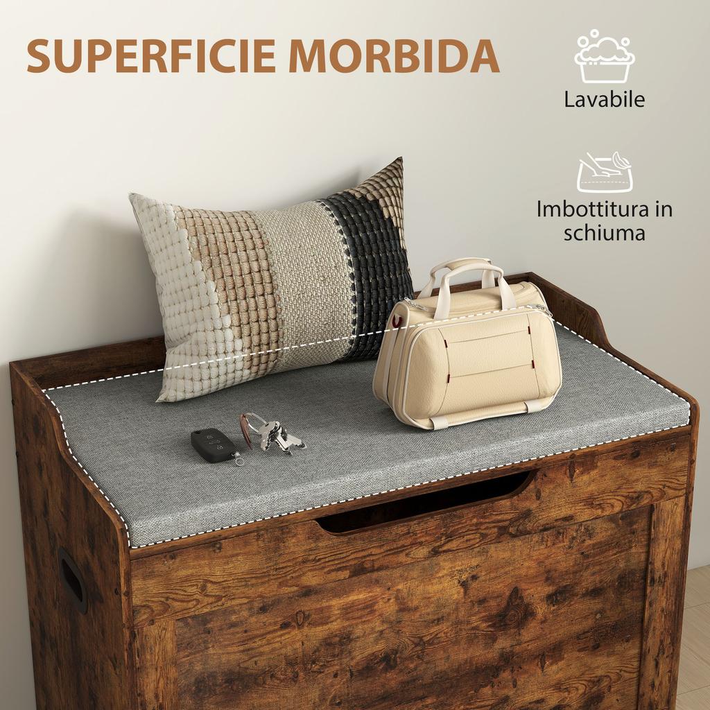 103L Multifunction Storage Bench Wood Colour with Grey Fabric Cushion, 75x40x56 Cm