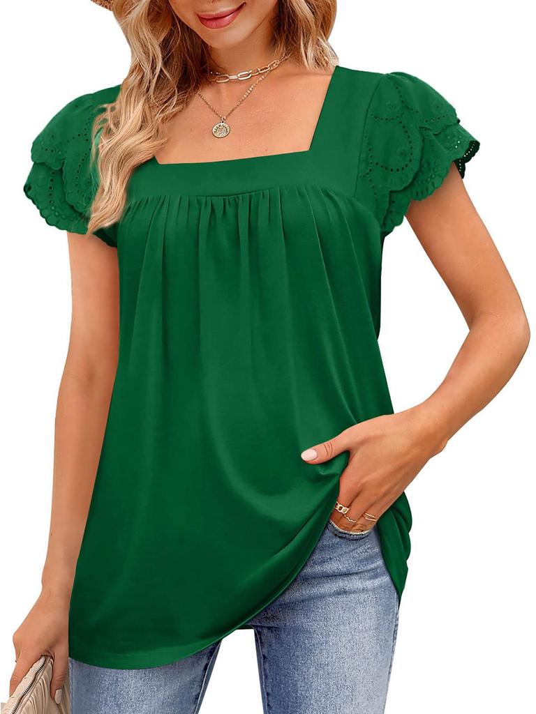 2023 Summer Women's Solid Color Loose U-Neck Lace Short Sleeve Top