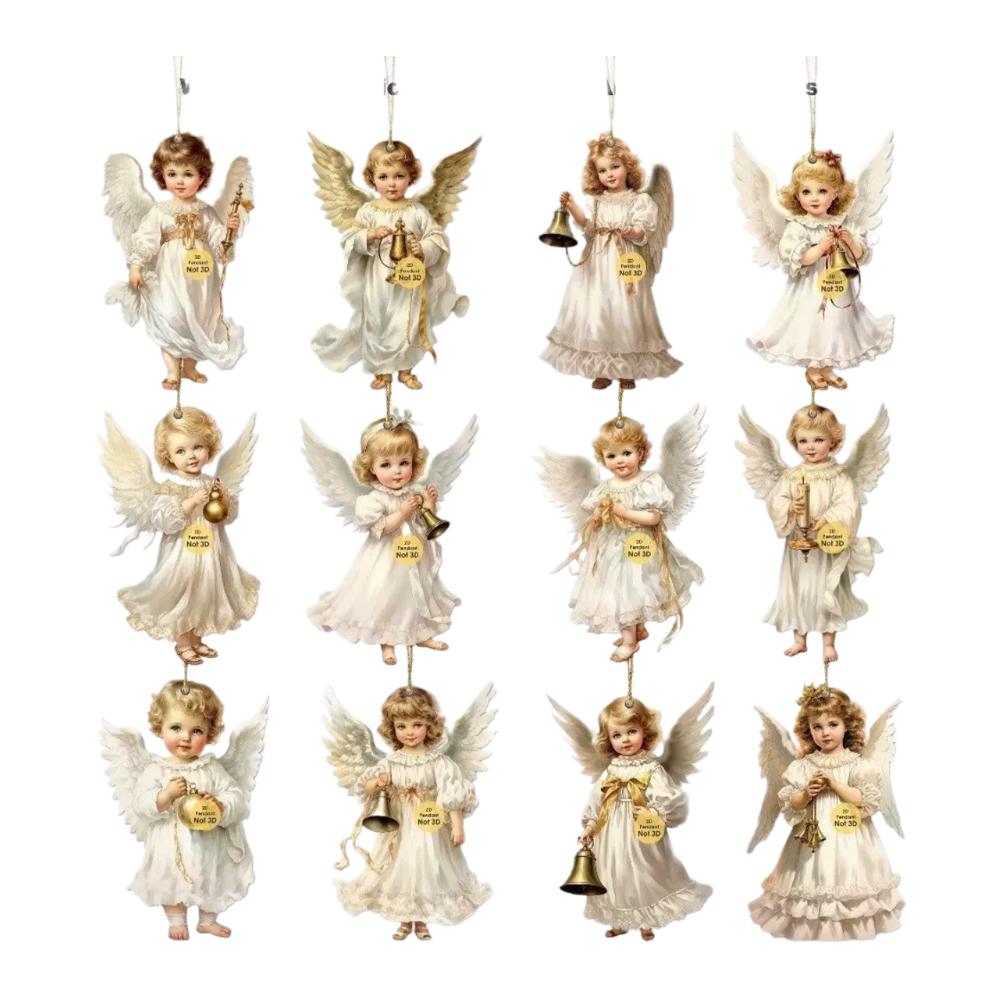 12Pcs Wooden Christmas Ornaments Set Christmas Tree Decoration Angel Ornaments Hanging Decor Pendants Xmas Party Decoration Gift