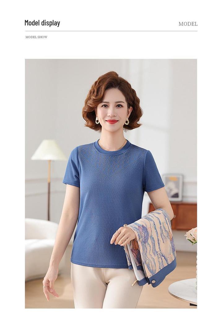 Spring Collection: Printed Knitwear Two-Piece Set - Outerwear & Short-Sleeved Base Layer for Middle-Aged and Older Women