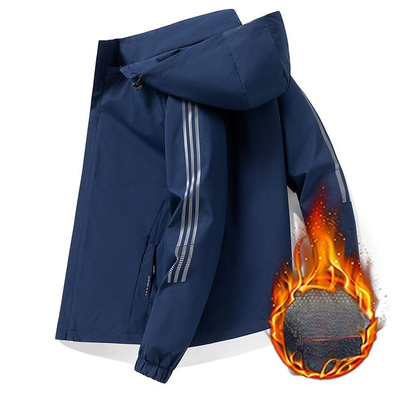 Dünner Kapuzenmantel in Kontrastfarbe mit drei Streifen, Herbst und Winter, wind- und wasserdicht, vielseitige Freizeitjacke für Herren aus Samt