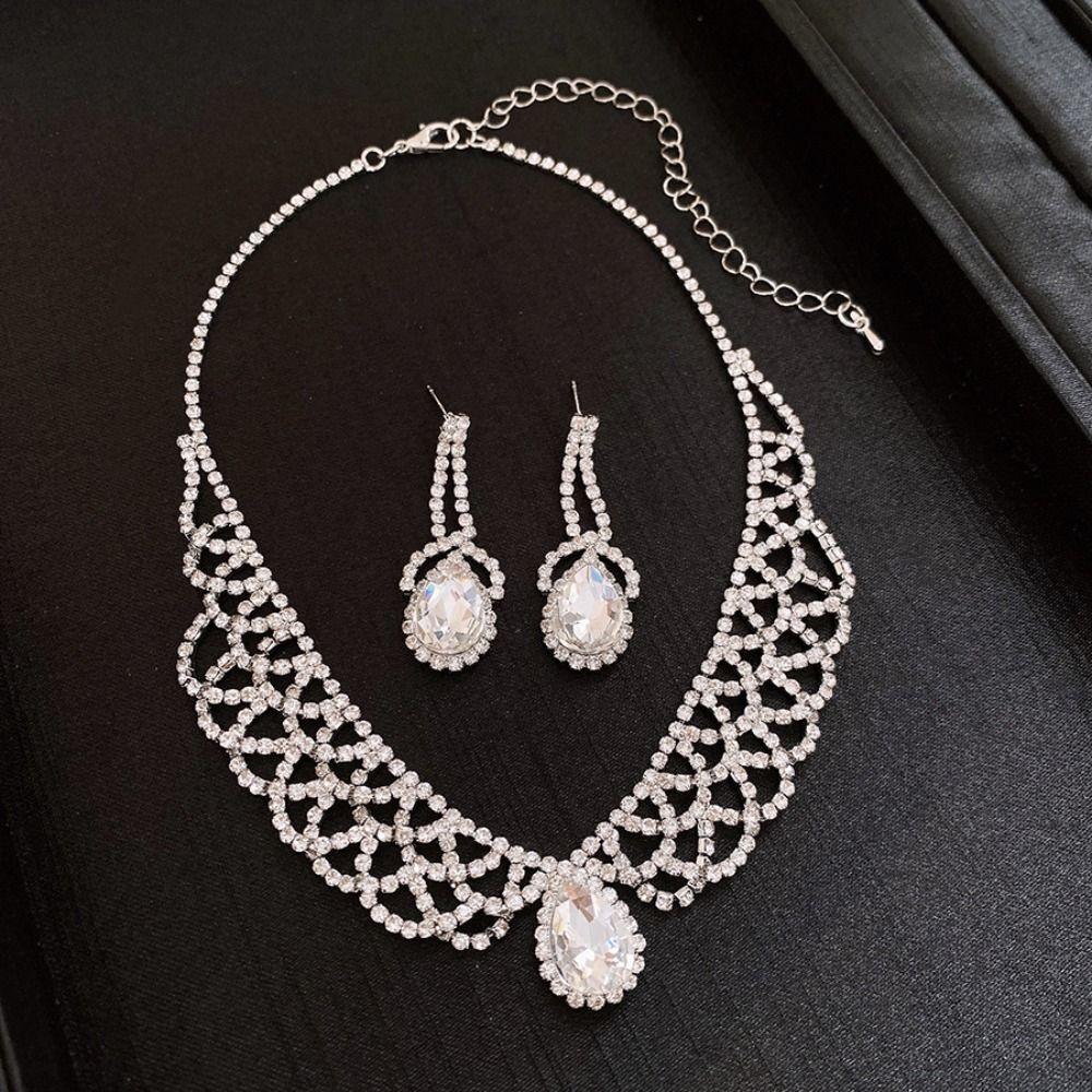 Shining Necklace Earrings Set Crystal Crystal Necklace Set Bridal Rhinestone Jewelry Set  Banquet