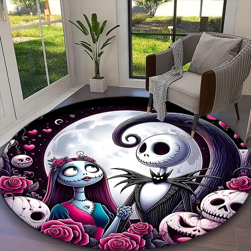 1pc Jack And Sally Christmas Tree Floral Rug, Digital Printed Home Chair Sofa Mat, Durable Office Round Carpet, Beautiful Festival Decorations