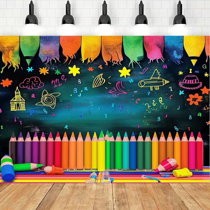 2D Colorful Crayon Blackboard Photography Backdrop, Children Art Class Background