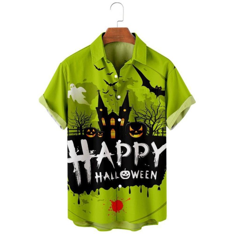 Pumpkin Bat Halloween Element Short Sleeve Turn-Down Collar Shirt
