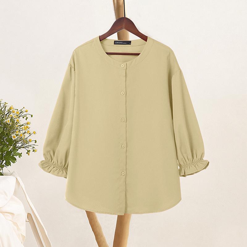 ZANZEA Women Casual Round Neck Solid Color Loose 3/4 Sleeve Blouse