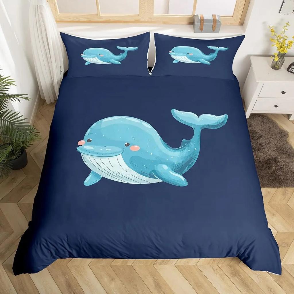 Blauer Bettbezug mit Meereswalen, King-Size-Bett, Cartoon-Meerestiere, Kinderbettwäsche-Set, Küstenstrand, Bettbezug, Meereswellen, Bettbezug