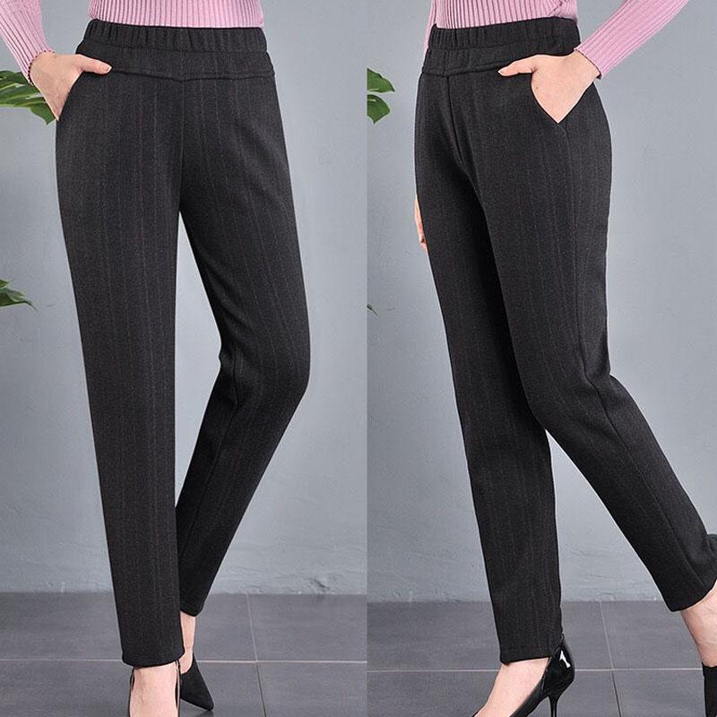 Women's Clothing Fashion Plus Fleece Plaid Pants Autumn Winter Casual Warm Elastic Waist Straight Trousers for Female