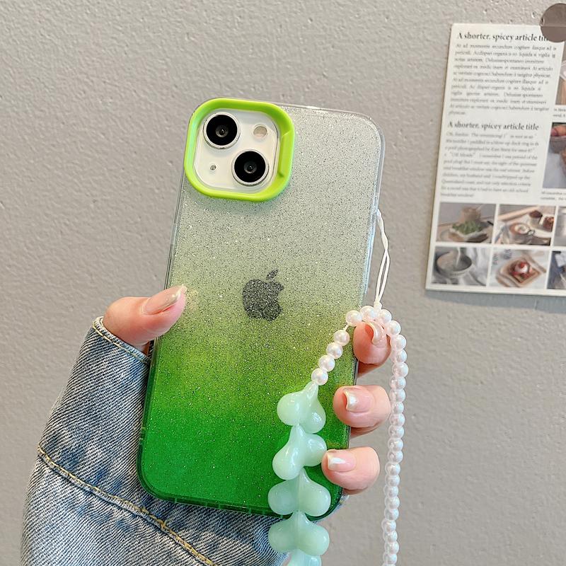 Glitter Gradient Color Phone Case For iPhone 14 13 12 11 Pro Max Double Sided Camera Protection Clear Soft IMD Cover with Bracelet