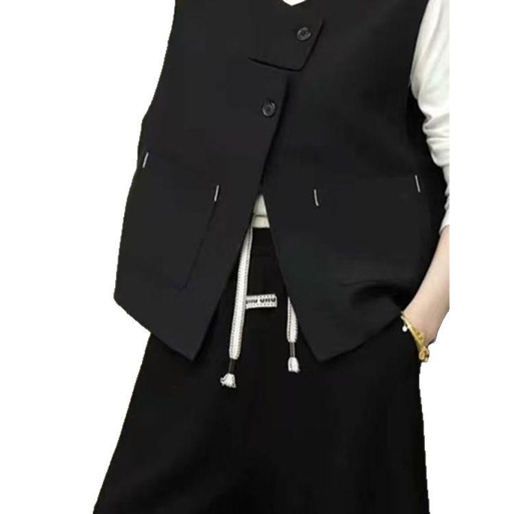 Women's Slimming Black Round Neck Button Blouse - Stylish Spring 2025 Fashion with Unique Vest Design