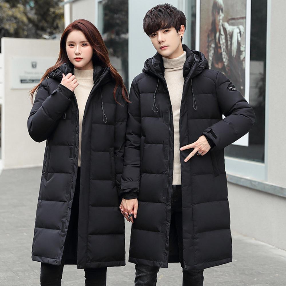 Winter couple down jacket thickened men's and women's down jacket long over knee hooded down jacket warm trendy jacket