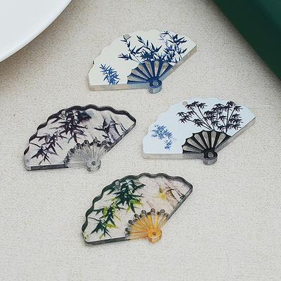 10Pcs Chinese Style Vintage Bamboo Printed Fan Charms For Earrings Keychain Diy Pendant Jewelry Making Material Accessories
