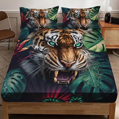 Modisch Trendiges Tigerblatt-Druck Spannbettlaken-Set Weich Bequem Atmungsaktiv Bettwäsche Matratzenschoner-Set Für Schlafzimmer