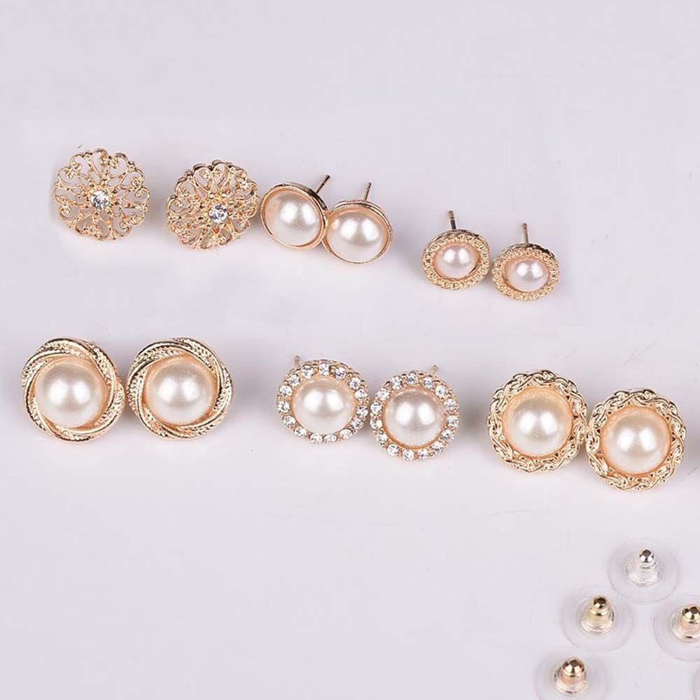 Gold Color Simulated Pearl For Women Hollow Round Accessories Jewelry Earring Sets Stud Earrings