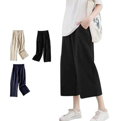 Linen Pants with Elastic Gaucho Simple Solid Trousers with Loose Perfect for Everyday and Fall [Leadamon-oee] Women's Wide-Leg Waist, Pants,