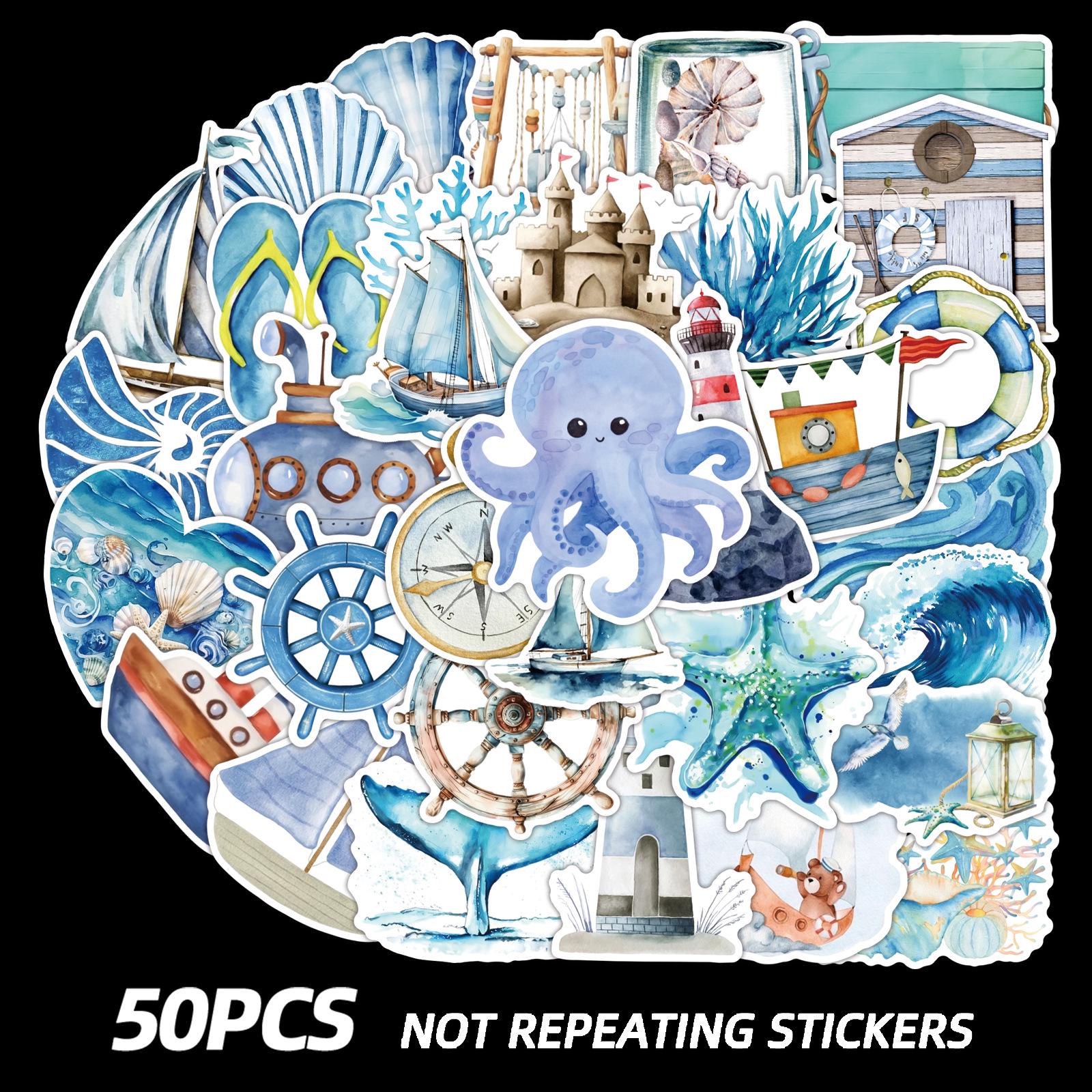 50-Piece Ocean Fairy Tale Blue Graffiti Stickers for Phone, Guitar, Tablet, Laptop - Waterproof 50 unique stickers
