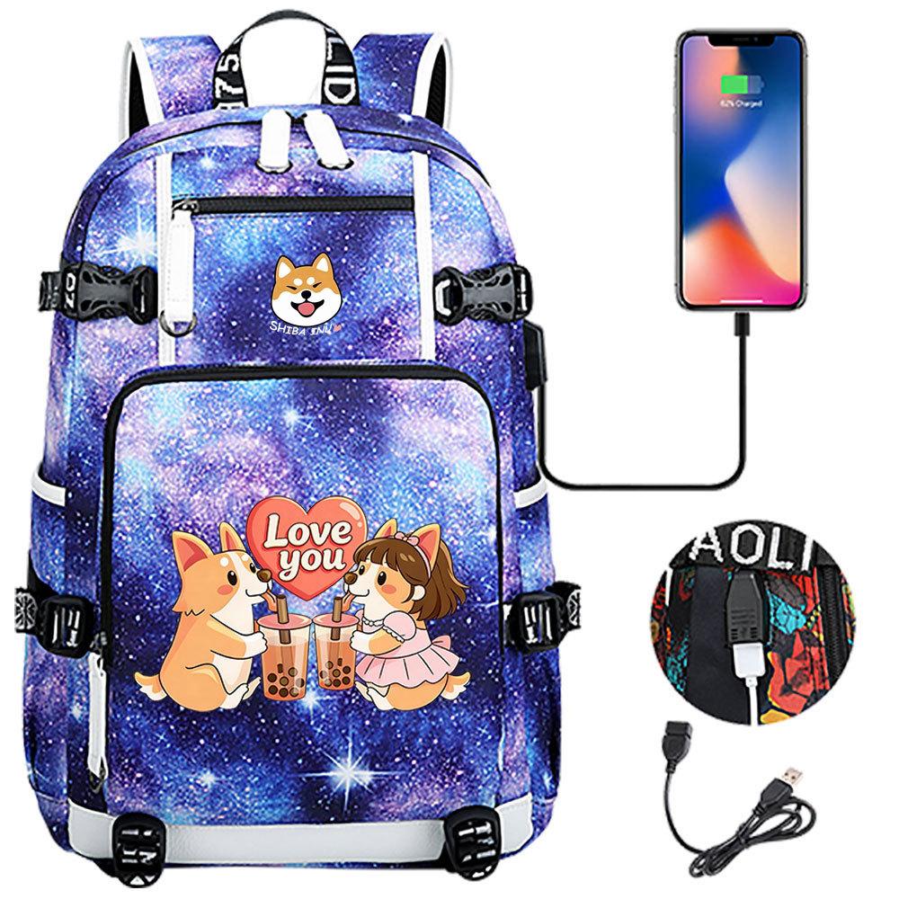 Cute Shiba Inu Corgi USB Charging Backpack for Middle High School Students Travel Casual Daypack