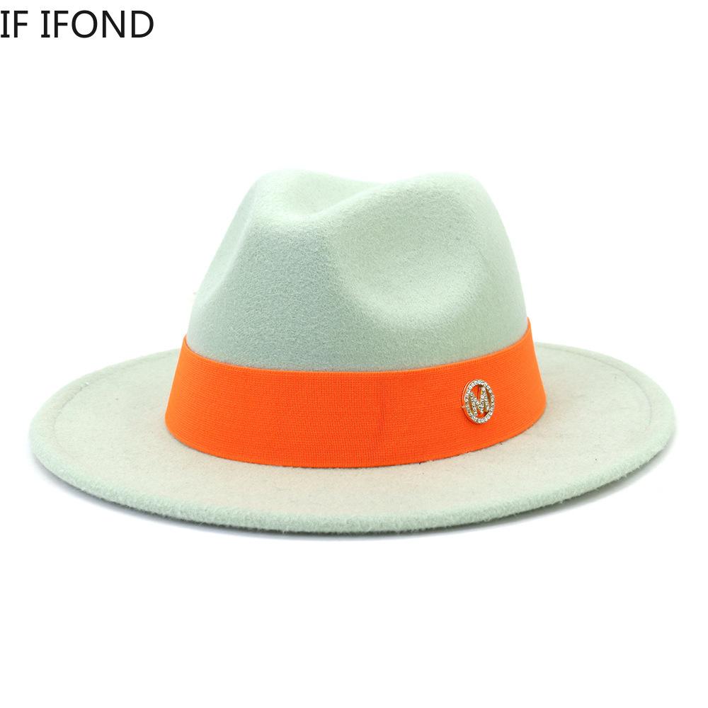 Formal Wide Brim Felt Fedora Hat Wool Ladies Party Wedding Church Hat M Letter Ribbon Panama Sombrero Jazz Cap