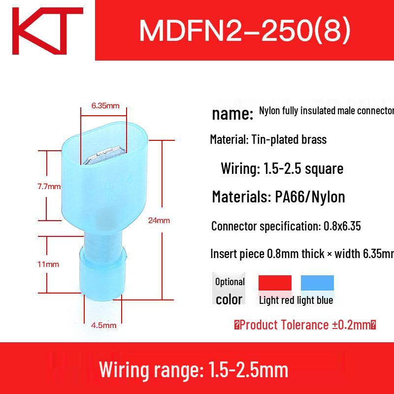 KT Nylon Male Fully Insulated Blade Terminal MDFN/A1.25/2/5.5-250 Cold Crimp Connector