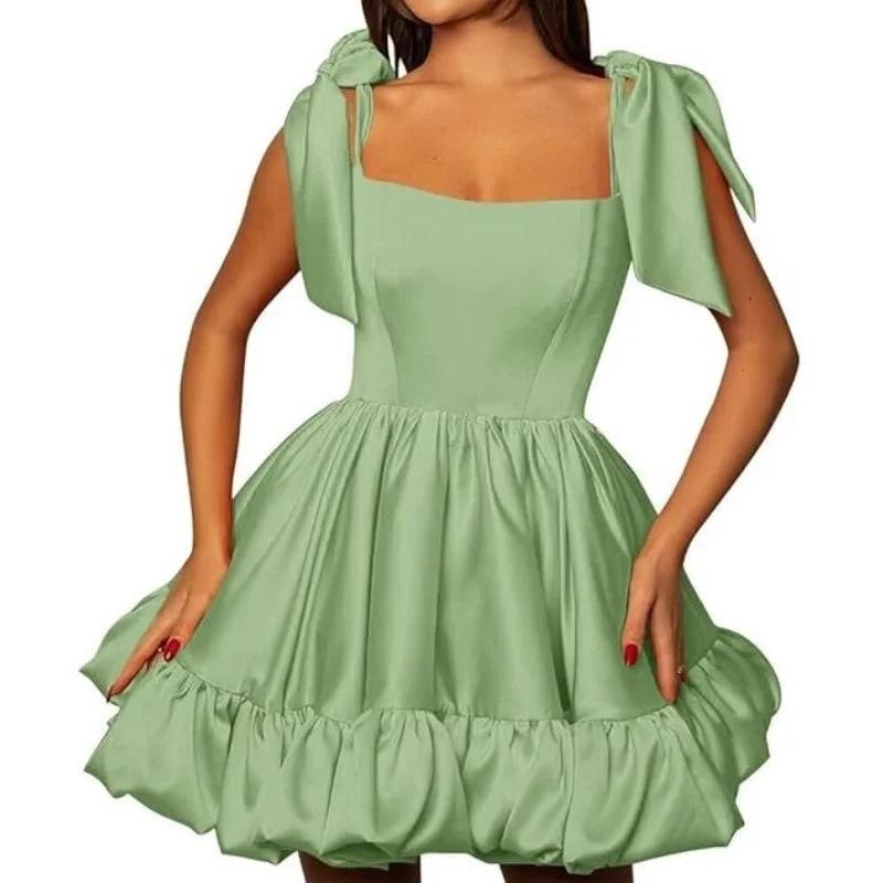 1011 new European and American style evening dress square neck bow satin tutu skirt thin birthday party dance dress