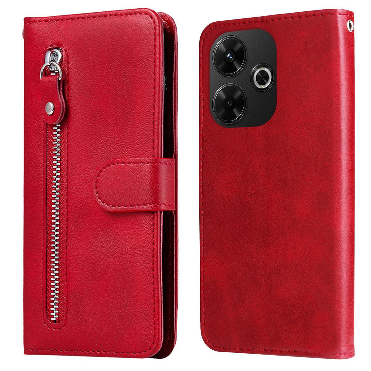 

For Xiaomi Redmi 13x 4G/13 5G/13 4G/Redmi Note 13R 5G/Poco M6 4G Leather Phone Case with Zipper Pocket Red