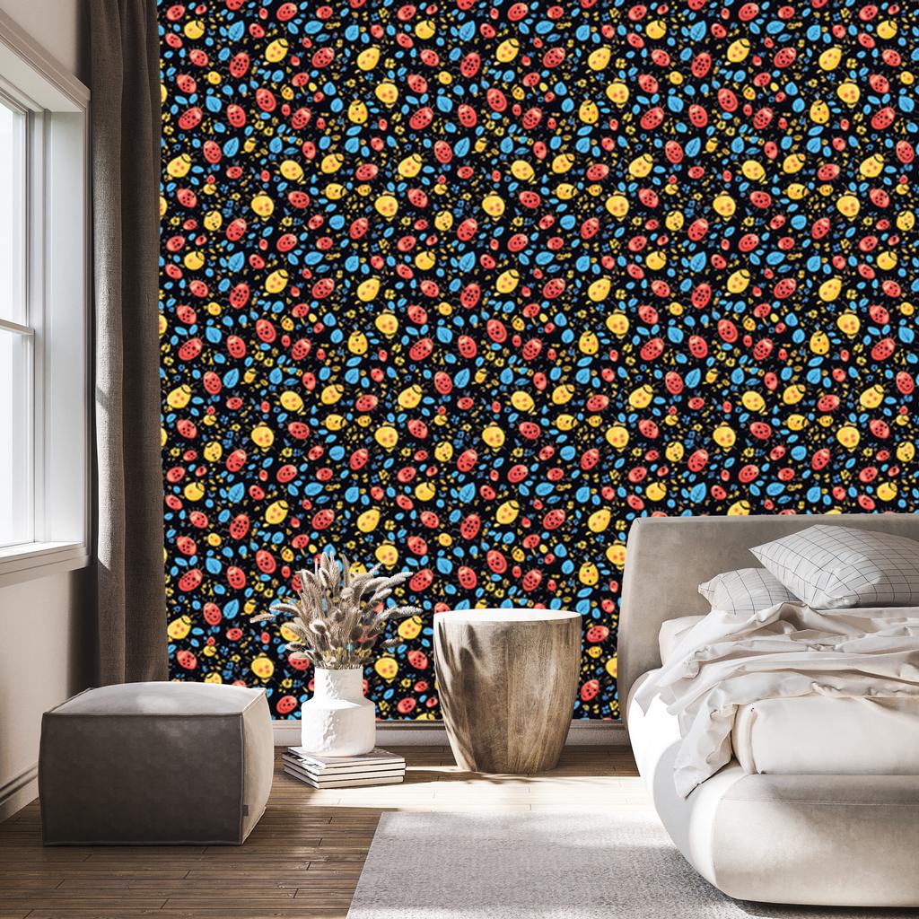 Ladybugs Wallpaper Navy Blue and Ochre for Living Room and Bedroom 50x1000