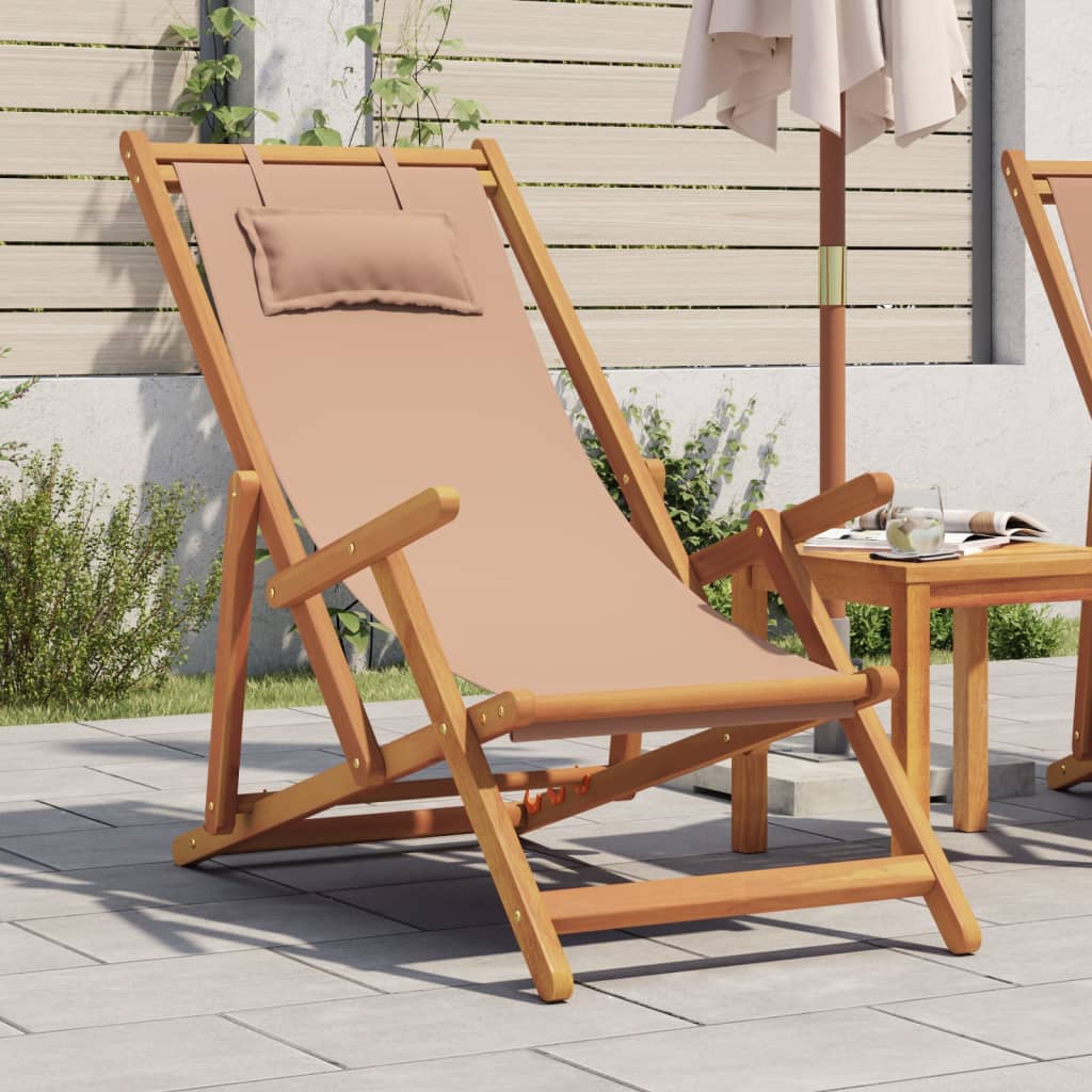 Folding Beach Chair Taupe Solid Eucalyptus Wood and Fabric