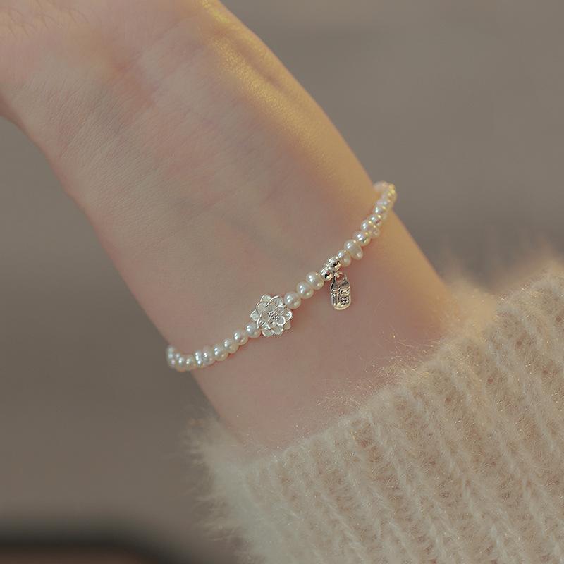 Lotus broken silver pearl bracelet women's retro new Chinese style natal fashion design versatile Nanhong agate bracelet