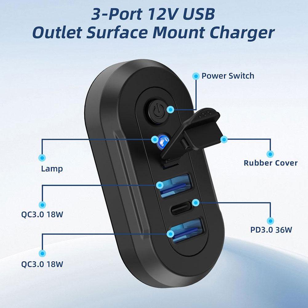 3-Ports USB Car Charger Socket Dual 18W QC3.0 & 36W PD3.0 USB Charger Panel With Waterproof Cover For 12V/24V Car Truck Boat Bus