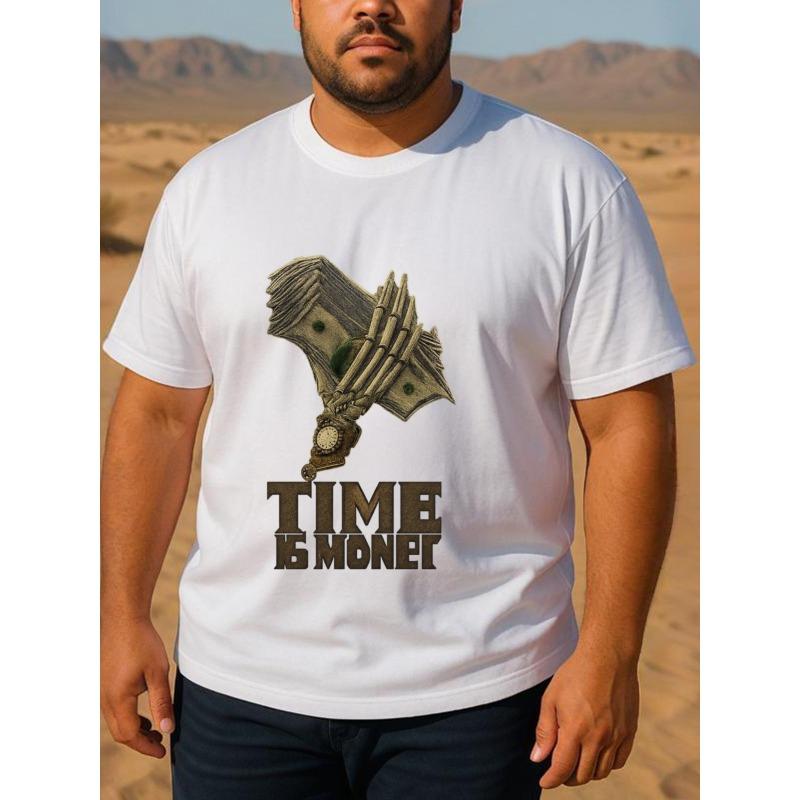 Europeiska storlekar Herr's Time is Money T-shirt med dödskalle- och sedelgrafik - med grön sedeldesign, ledig passform, kortärmad, rundhalsad T-shirt