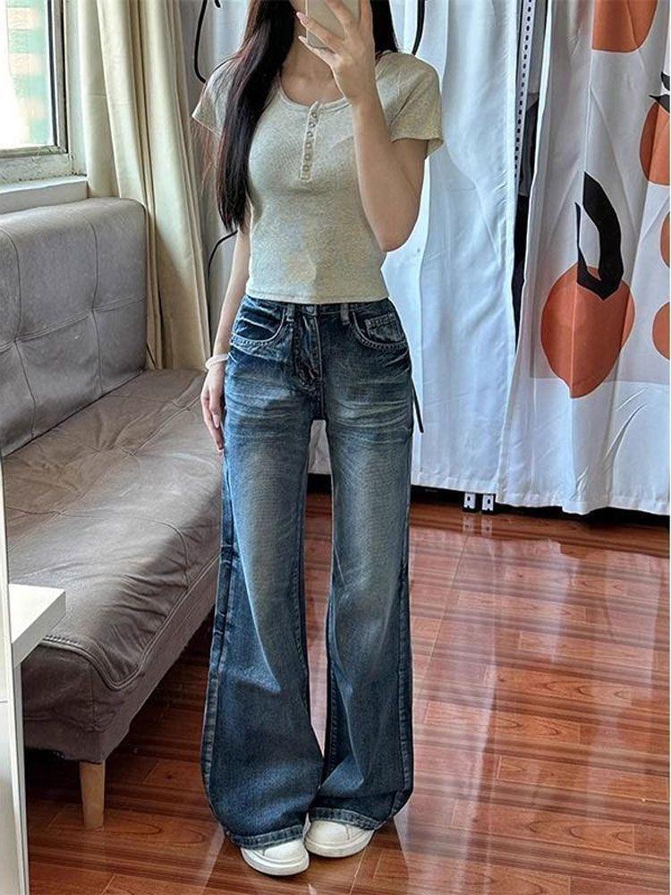 

Дизайнерский сенс джинсов с высокой талией женские летние свободные винтажные сто сочетаний узкие прямые широкие брюки ретро мешковатые длинные джинсы для леди 4XL