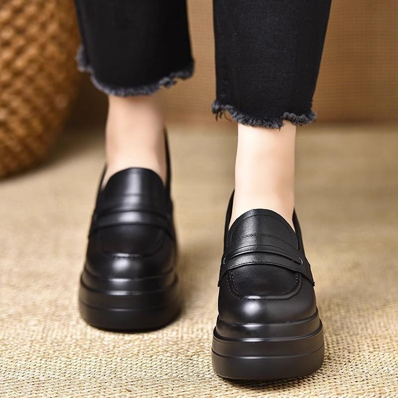 New retro wedge heel small leather shoes round head small height-increasing platform shoes spring fashion soft leather high-heeled loafers