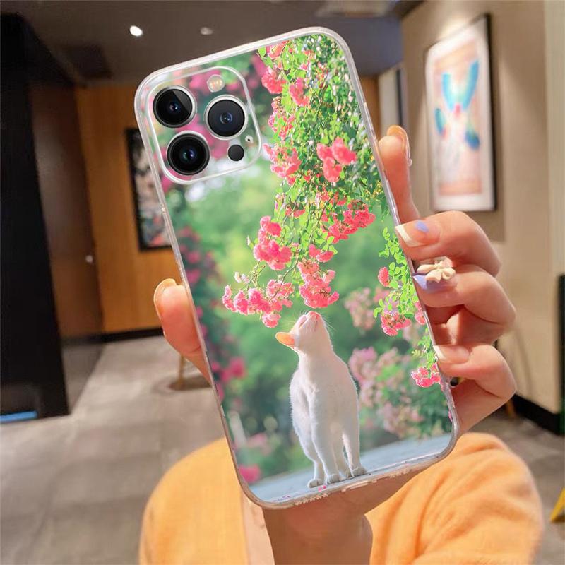 Phone Case For iPhone 17 Pro Max Air 16 15 14 13 Pro Max 15 16 Pro 15Plus Flower Cat Silicone Cover