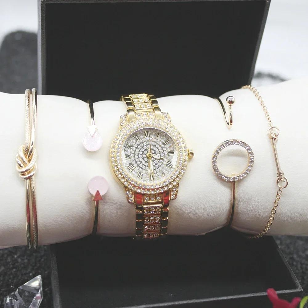5-teiliges Set Mode Damen Strass Uhren Armband Damen Kleideruhren Uhren für Feminino Geschenke Inklusive Box