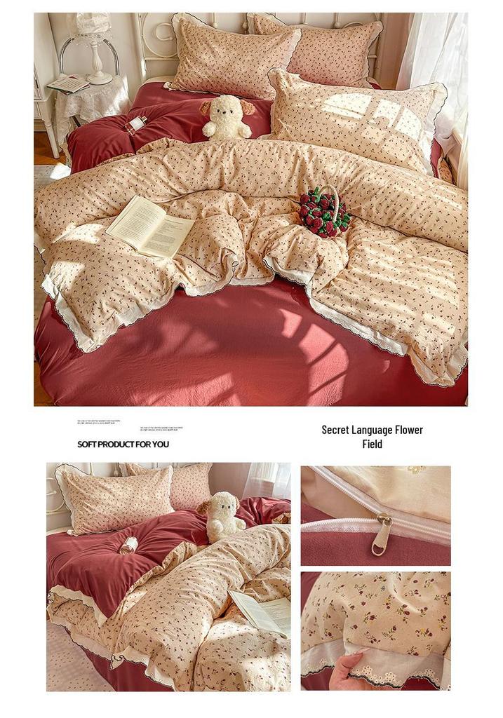 Spring/Summer Washed Cotton Lace 4-Piece Set - Retro French Princess Style for Student Dormitories